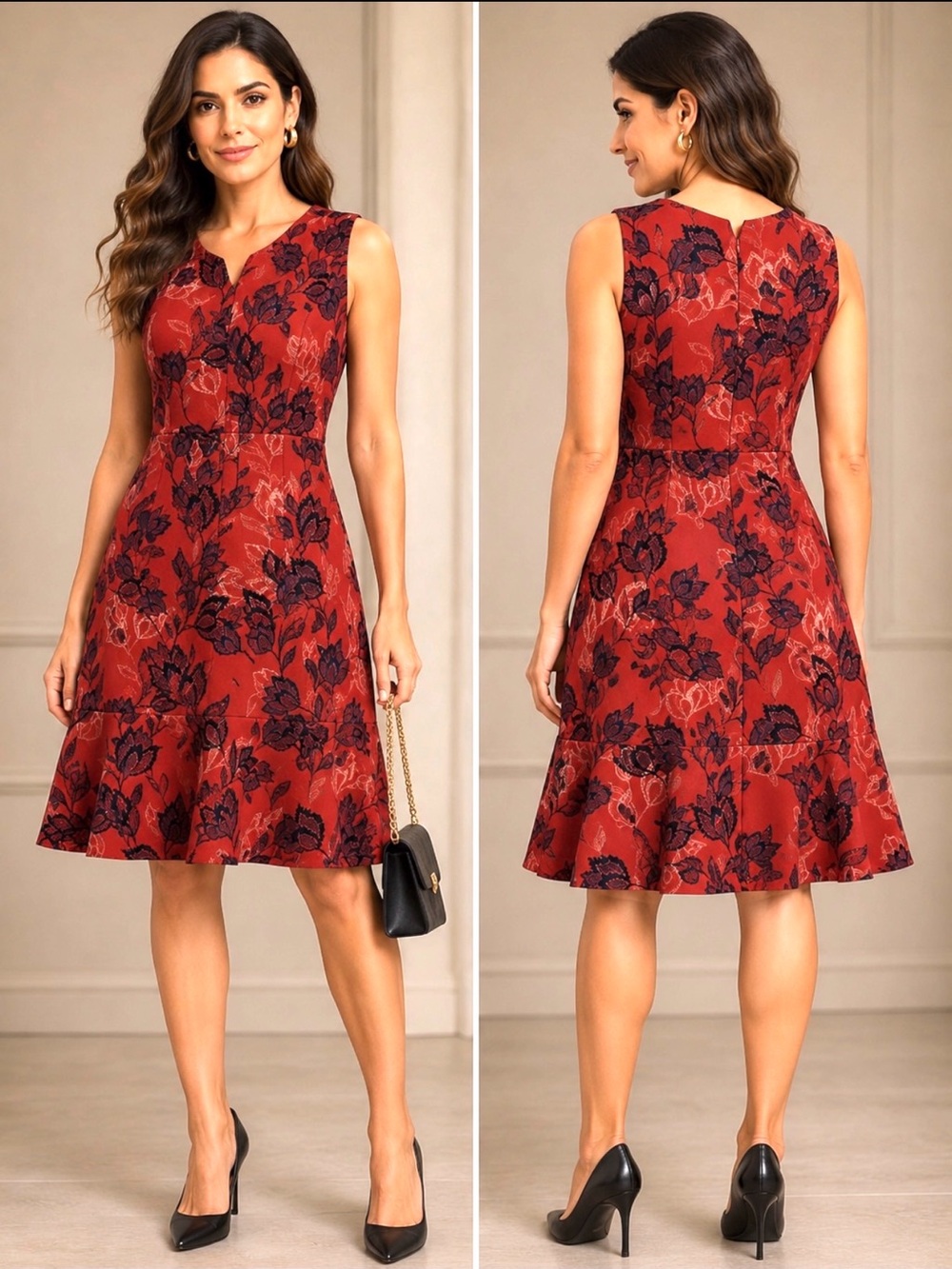 Banana Republic Red and Black Floral Midi Dress